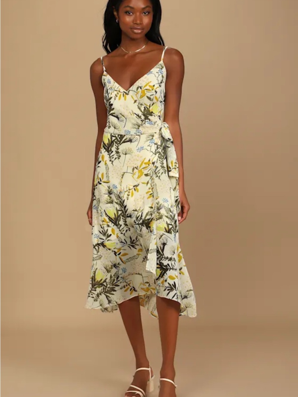 Like NEW Lulu's Cream Floral V-Neck Tie-Waist Midi Dress Size XL